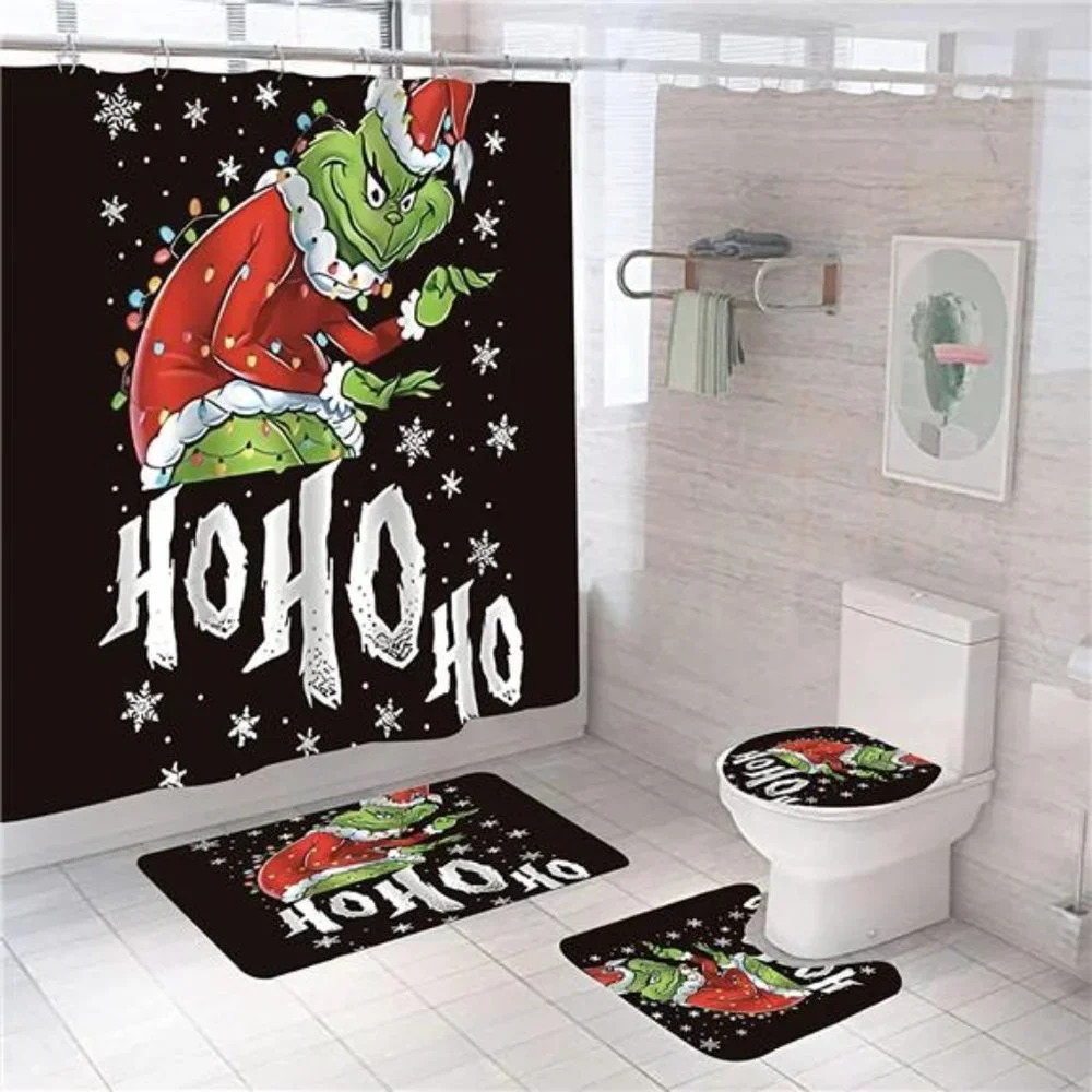 4 Pcs The Grinch Christmas Shower Curtain Set, Toilet Cover and Bath Mat 72x72